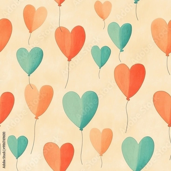 Fototapeta Vintage Aqua, Coral, and Peach Heart Shaped Balloons pattern on vintage beige fabric background, seamless repeating pattern, textile print style, minimal, bright balloon design, tropical decor