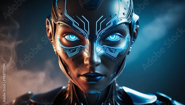 Fototapeta Advanced AI Face: Metallic Features and Holographic Vision in 3D