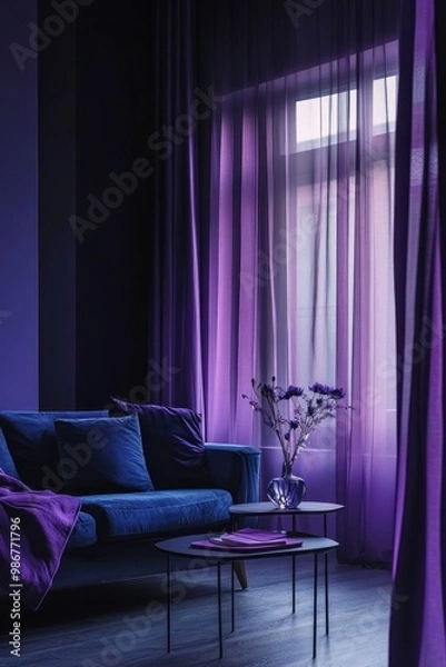 Fototapeta A sleek apartment with wide glass windows and half-drawn curtains, evoking secrecy against a dark grey background.