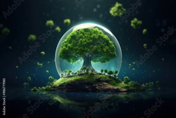 Fototapeta A vibrant 3D rendering of a lush, green tree growing on a small, spherical planet, with the planet set against a dark, starry space backdrop