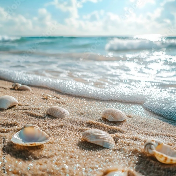 Obraz Seashells on sandy beach under sunny sky