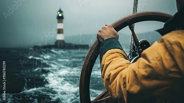 Obraz A person navigates a stormy sea, steering a boat towards a distant lighthouse against a dark, cloudy sky.