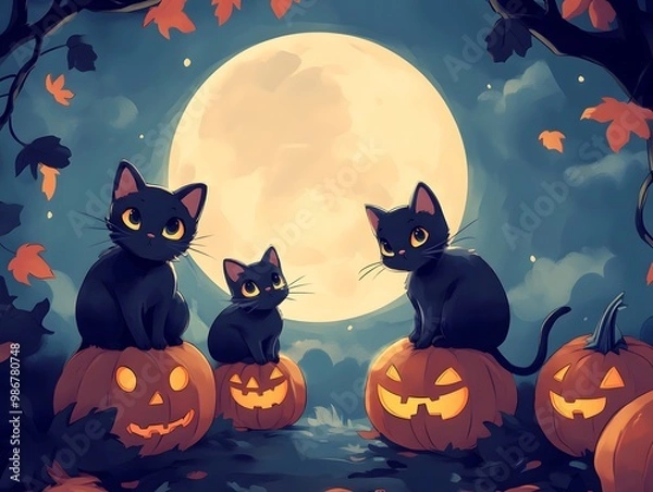 Obraz halloween background with cat and pumpkin