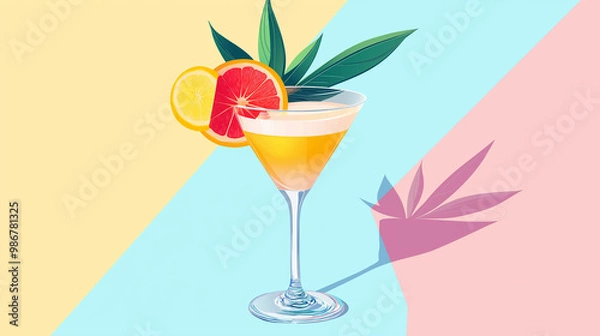 Fototapeta Tropical cocktail standing on colorful background with palm leaf shadow
