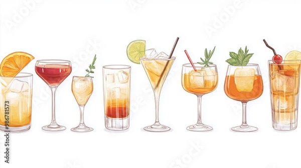 Fototapeta Row of classic cocktails with ice and garnishes on white background