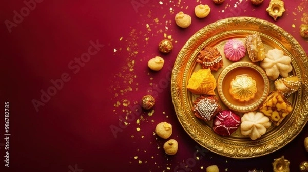 Fototapeta Golden thali with traditional mithai (sweets), resting on a burgundy backdrop with subtle gold sparkle, copy space, happy Diwali background, traditional, Indian festival