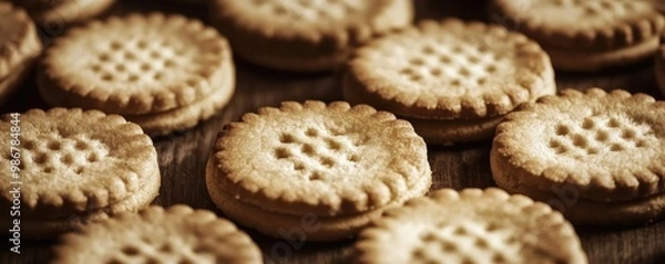 Fototapeta Delicious golden cookies arranged neatly, perfect for tea time or snacking. Enjoy the sweet crunch in every bite!