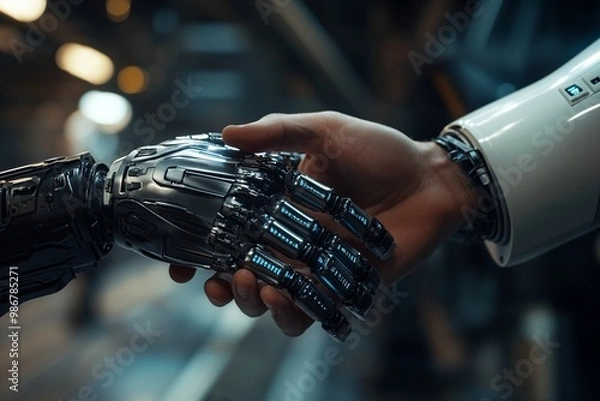 Fototapeta Robot and human shaking hands