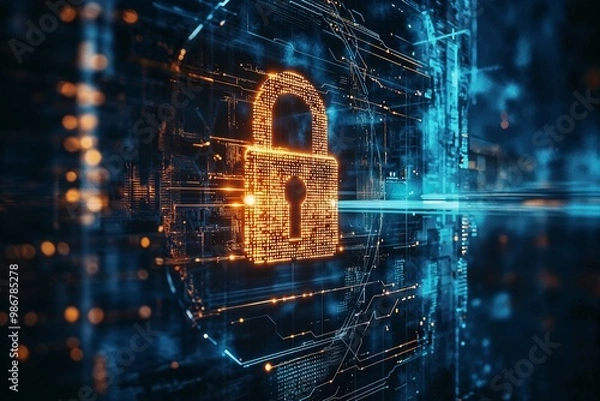 Fototapeta Digital padlock cybersecurity with network data background