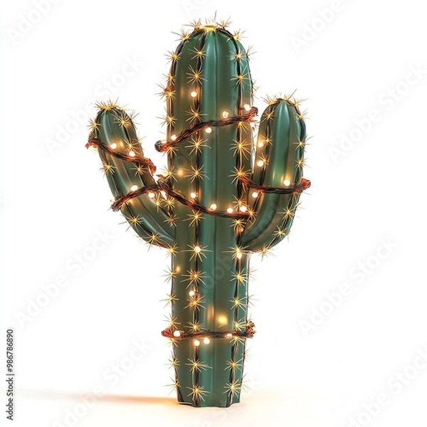 Fototapeta A large cactus with glowing Black Friday lights wrapped around it, festive and eye-catching, isolated on white background