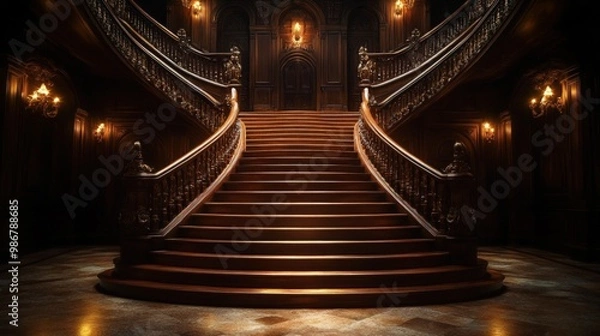 Obraz Grand staircase in an old mansion with ornate wooden banisters, dark wood walls and warm lighting.