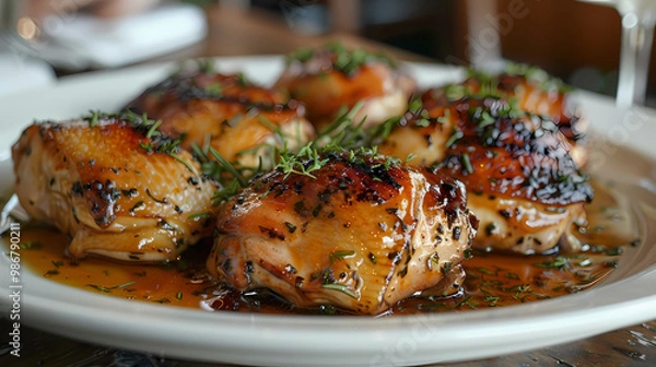 Fototapeta Chicken soaked in liquor in a white plate, in a luxurious shop.