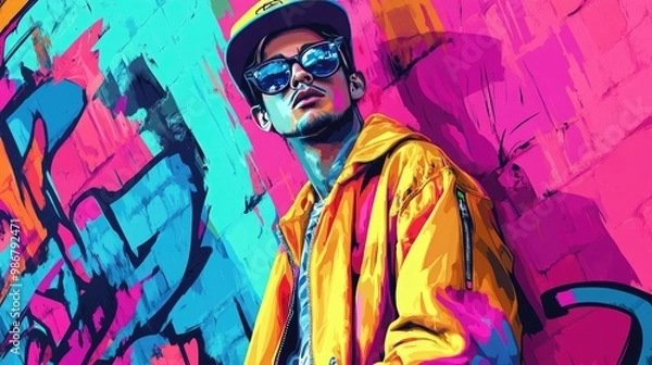 Fototapeta Vibrant Street Art Fashion: Cool Young Man in Colorful Urban Outfit