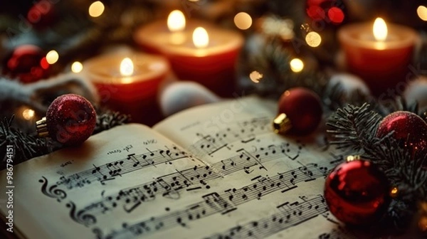 Fototapeta Open music book with sheet music on a table with Christmas decorations, including red ornaments, candles, and evergreen branches.