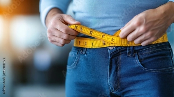 Fototapeta Close up of a man s midsection as he holds a yellow tape measure around his waist focusing on weight loss and improved fitness through healthy lifestyle choices and exercise