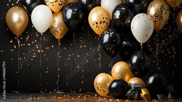 Fototapeta Backdrop with golden, white and black birthday balloons, with golden confetti on the ground and in the background, for birthday flyer