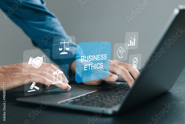 Fototapeta Business ethics behavior and manners concept. Businessman using laptop with business ethics icons on virtual screen. ethical corporate culture, business integrity and moral.