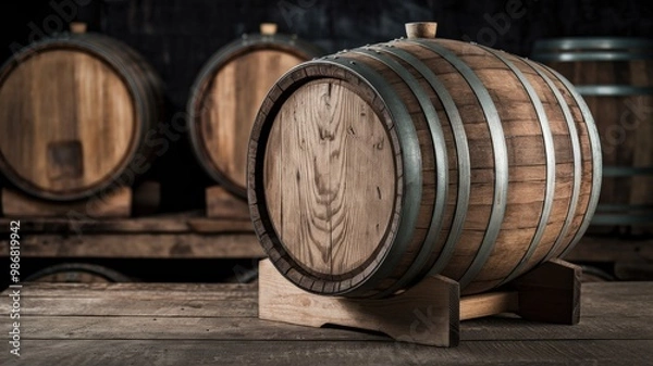 Fototapeta A photo of a rustic setting with a wooden barrel prominently displayed in the foreground. The barrel has a worn-out appearance with visible grain patterns and is resting on a wooden table.