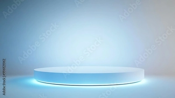 Fototapeta A white circular podium with a glowing blue light underneath, set against a light blue background.