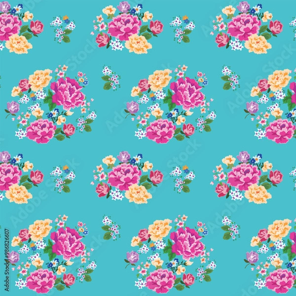 Fototapeta 台湾花布のシームレスパターン＿水色