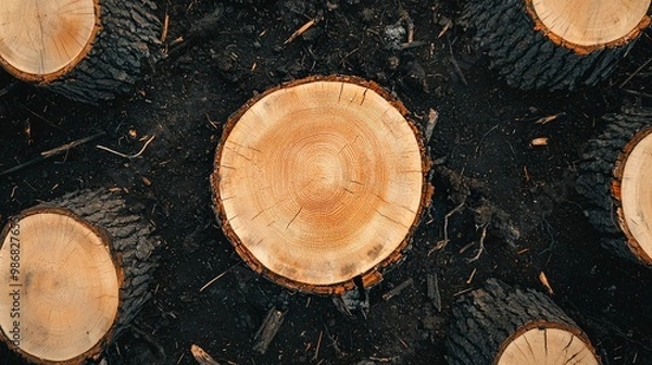 Fototapeta Deforested landscape, tree stumps scattered, aerial view, harsh midday sun, desolate mood