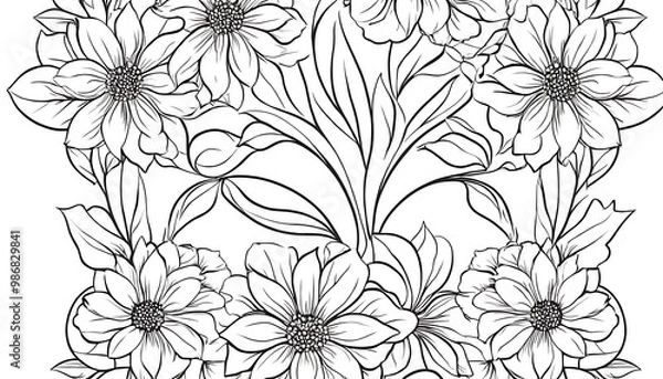 Fototapeta elegant black and white floral line art and illustrations for creative projects,floral pattern, line art, black and white, 9764