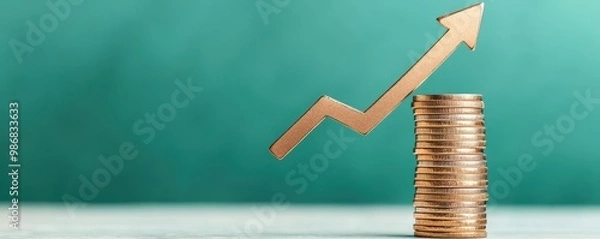 Fototapeta Investment growth concept with coins and an upward arrow on a textured background.