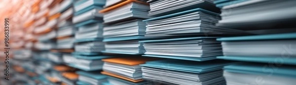 Fototapeta Stacks of documents and folders organized in an office setting, representing efficient workflow and productivity.