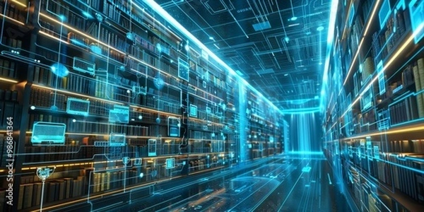 Fototapeta High-tech virtual library showcasing digital books in a 3D digital space, with an interactive layout and a modern, vibrant design emphasizing futuristic technology