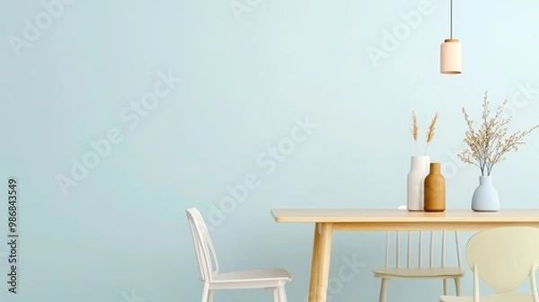 Fototapeta A minimalist modern dining area with a wooden table, pastel walls, and simple decor, creating a calm and inviting atmosphere.