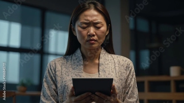 Obraz young asian business woman reading a digital tablet in the office.