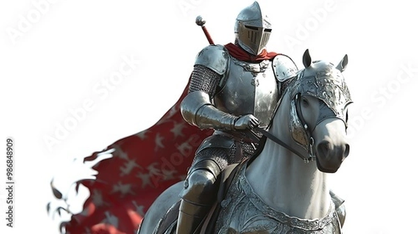 Fototapeta Animated knight riding a horse through a medieval kingdom, vibrant 4D cartoon style, detailed armor, dramatic scene, isolated on white background 