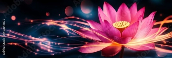 Fototapeta A vibrant pink lotus flower glows with an ethereal light, surrounded by shimmering streams of energy. Symbolizing purity, enlightenment, beauty, peace, and rebirth.
