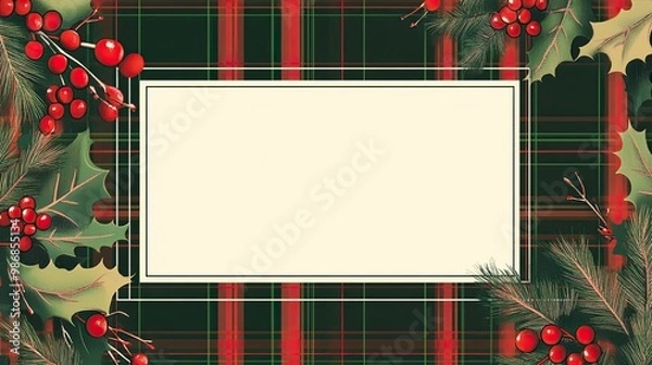 Fototapeta Traditional plaid pattern in green and red, with a central white rectangle for text, adorned with a small mistletoe illustration.