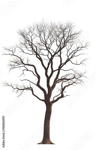 Fototapeta A bare, leafless tree stands solitary against a white background, showcasing its intricate branches and natural form.