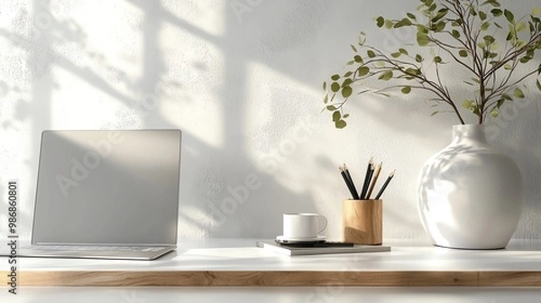 Fototapeta Minimalist workspace, sleek furniture and technology, 3D illustration
