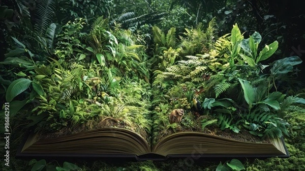 Fototapeta A book is open to a page with a forest scene