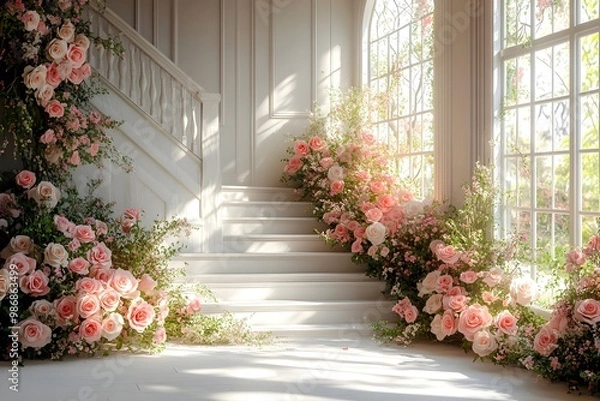 Fototapeta Beautiful wedding backdrop with flowers and staircase generative AI