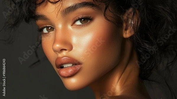 Fototapeta High-end beauty shoot featuring a model with glowing skin and sleek makeup, using precision lighting and high-definition retouching