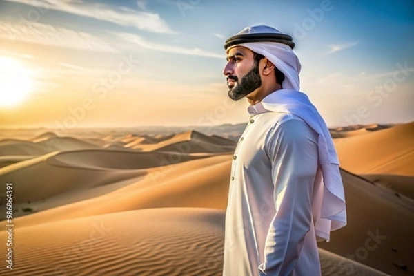 Fototapeta A man wearing a white shirt and a red and white scarf stands in a desert