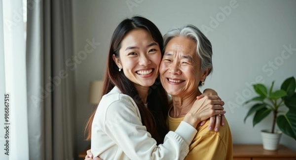 Obraz Young and old generations of East Asians embrace and take a photo. Artificial Intelligence Generated