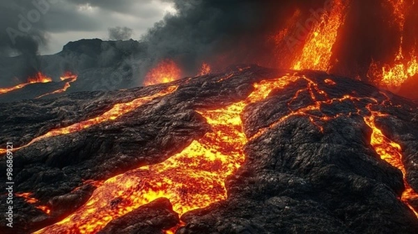 Fototapeta Dramatic volcanic landscape with flowing magma, cracks in the ground, and inferno effects over a seamless rock background.
