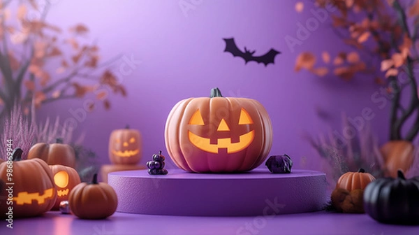 Obraz Halloween mystery podium pumpkin product platform scene. Background purple podium 3D render spooky fall, happy halloween mockup.