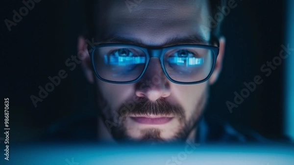 Obraz Man Looking at Computer Screen with Glasses Reflection