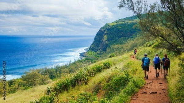 Fototapeta Tourists exploring a scenic hiking trail on Hawaii Island with ocean views