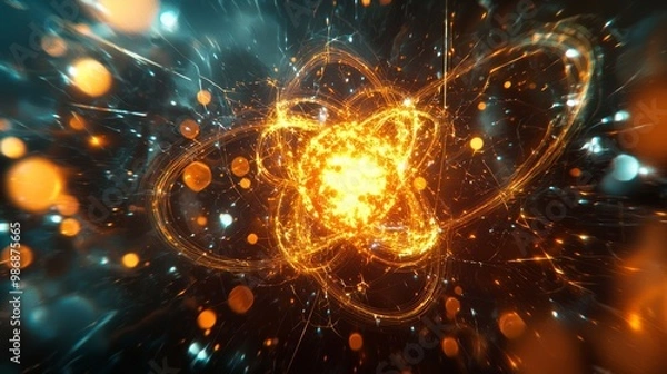 Fototapeta Exploring the Elegance of Nuclear Fission: Artistic 3D Render of Atomic Interactions and Energy Emission