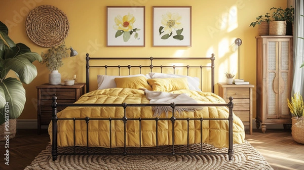 Fototapeta A bright and cozy bedroom with a metal bed covered in vibrant yellow bedding. The walls are painted in warm yellow, with floral paintings hanging. The interior is enhanced by natural elements such as