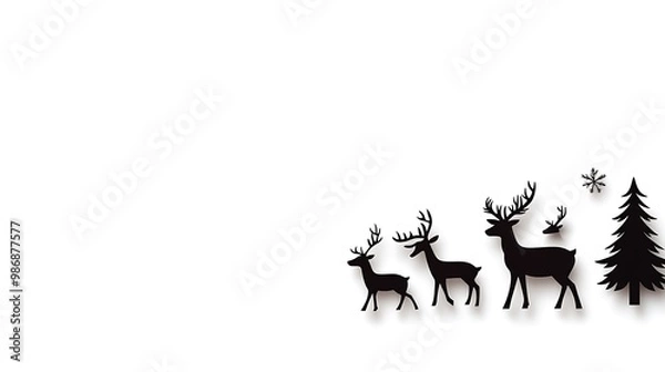 Fototapeta Silhouette of Reindeer and Christmas Tree on White Background