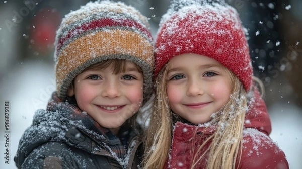 Fototapeta Two happy children lying down and enjoying winter snow day