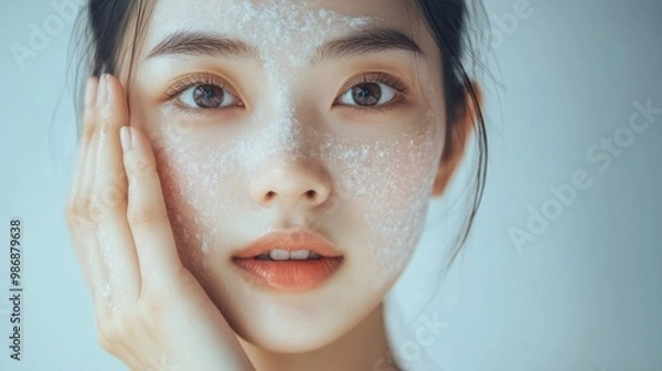 Fototapeta Young Asian woman gently exfoliating her skin with a facial scrub, focusing on smoothness and glowing complexion.
